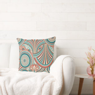 Teal and Coral Nouveau Flow Cushion