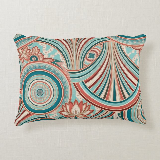 Teal and Coral Nouveau Flow Decorative Cushion (Front)
