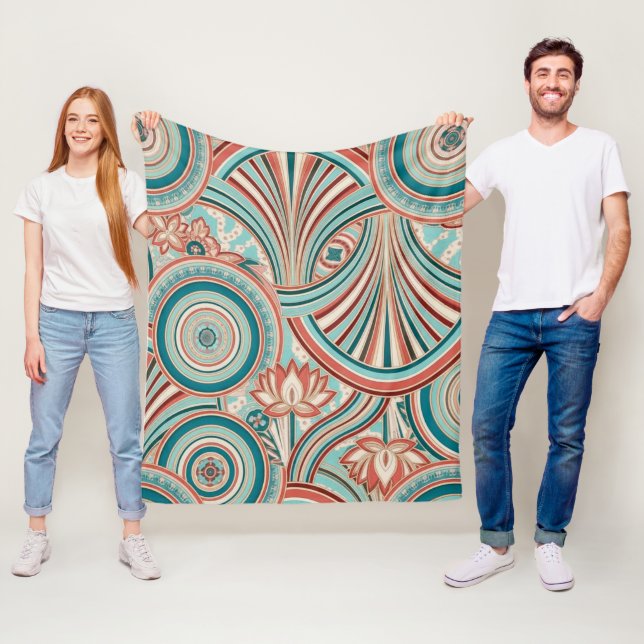 Teal and Coral Nouveau Flow Fleece Blanket (In Situ)