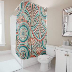 Teal and Coral Nouveau Flow  Shower Curtain