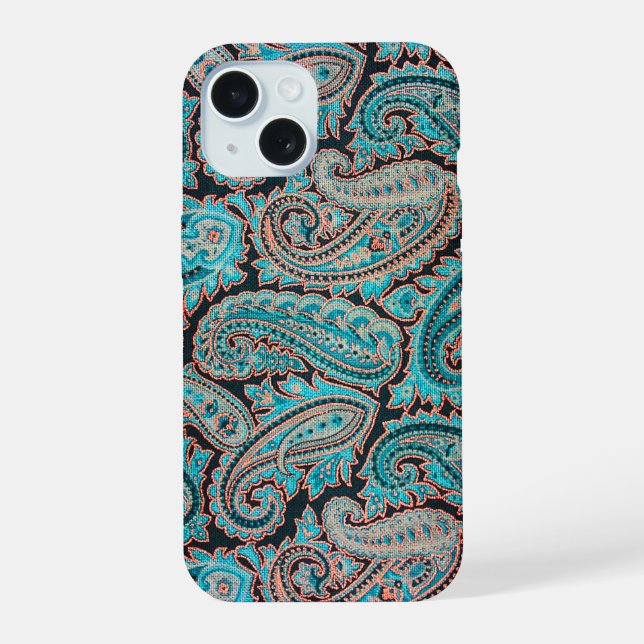 Teal and Coral Paisley Pattern iPhone 15 Case (Back)