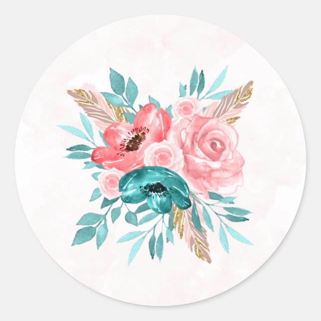 Teal and Coral Peony Flower Wedding Classic Round Sticker (Front)