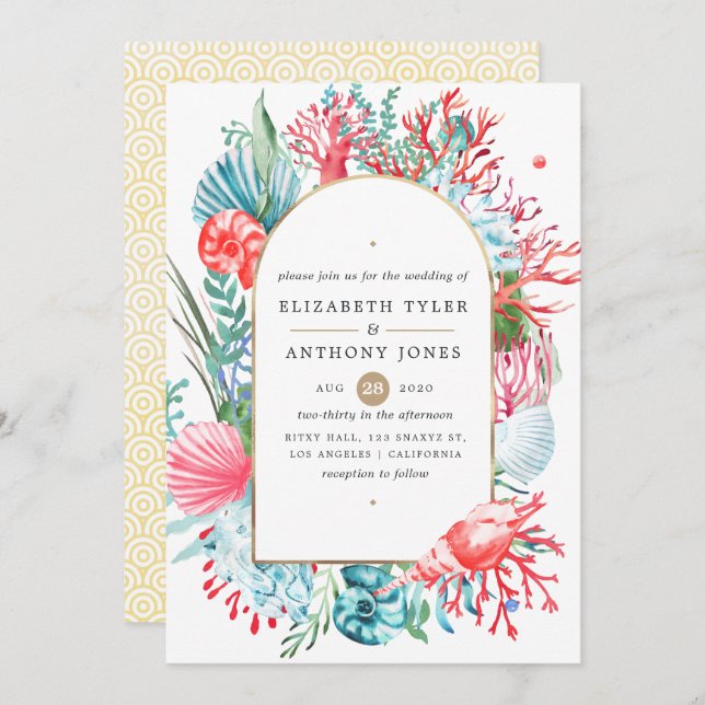Teal and Coral Sea Life Wedding Invitation (Front/Back)