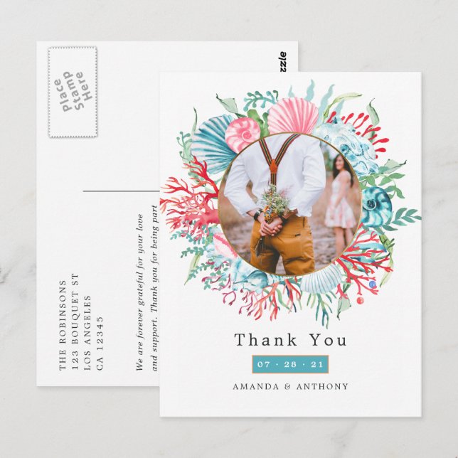 Teal and Coral Summer Beach Wedding Postcard (Front/Back)