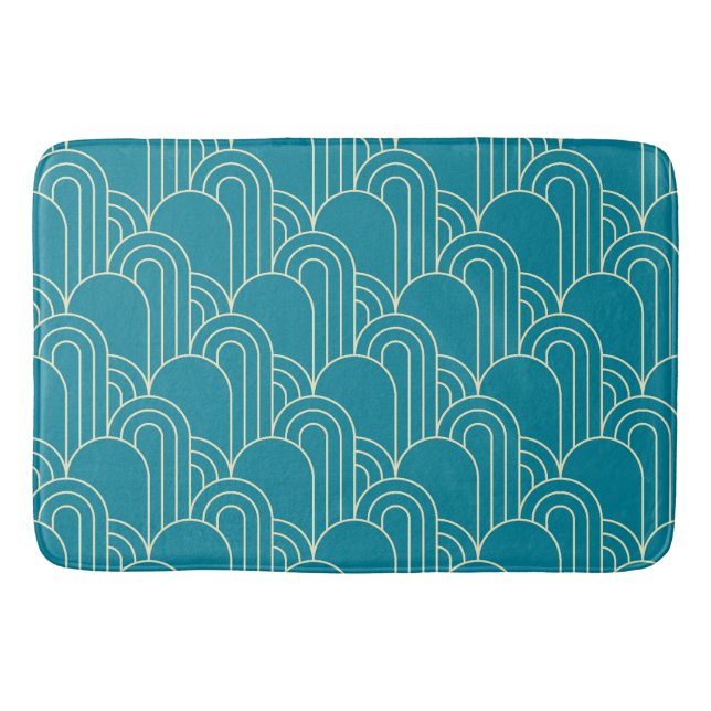 Teal and Cream Art Deco Patterned Bath Mat (Front)