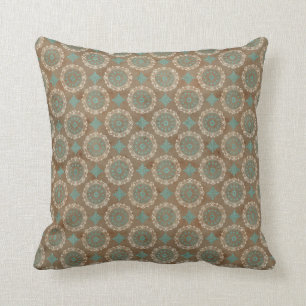 Teal and Cream Circles on Brown Cushion