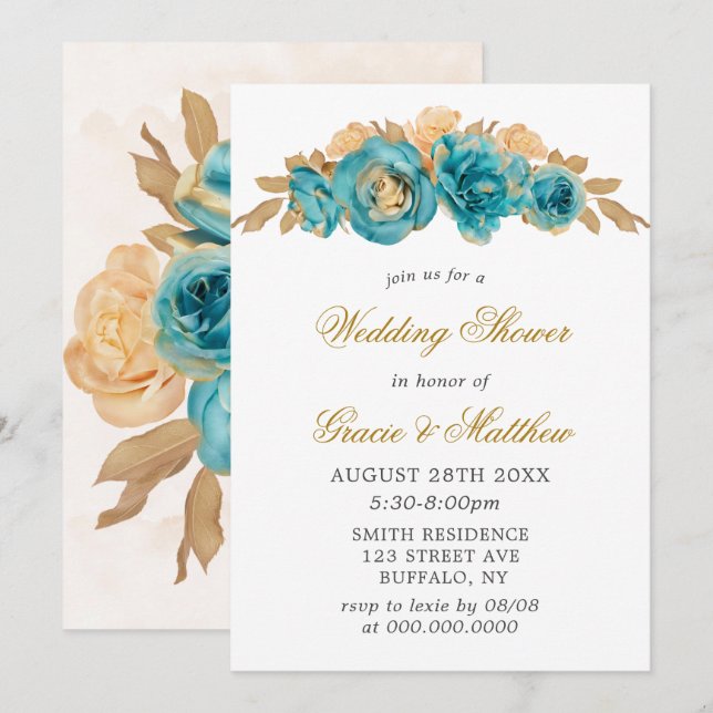 Teal and Creamy Gold Floral Wedding Shower Invites (Front/Back)