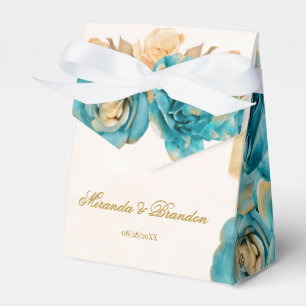Teal and Creamy Gold Florals Wedding Favour Box