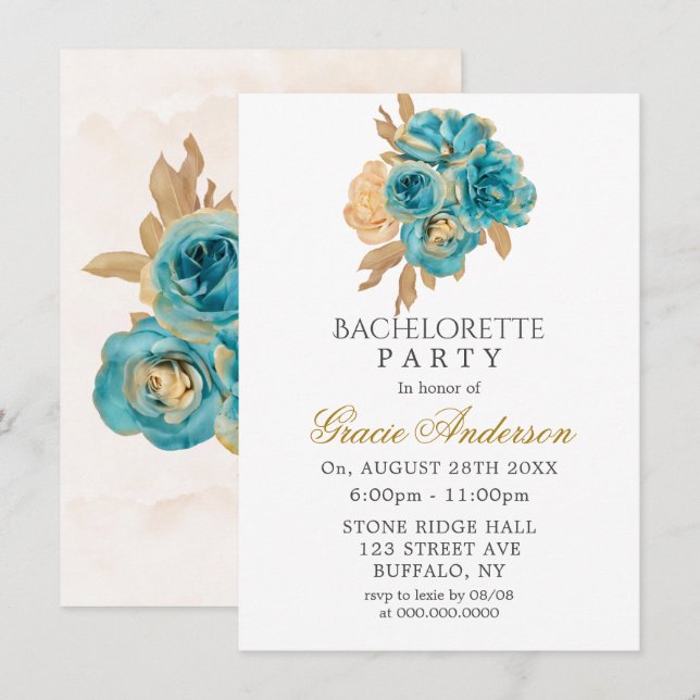 Teal and Creamy Gold Roses Bachelorette Party  Inv Invitation (Front/Back)