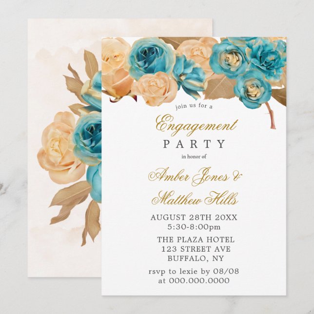Teal and Creamy Gold Roses Engagement Party Invitation (Front/Back)