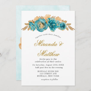 Teal and Creamy Gold Roses Wedding Invitations 