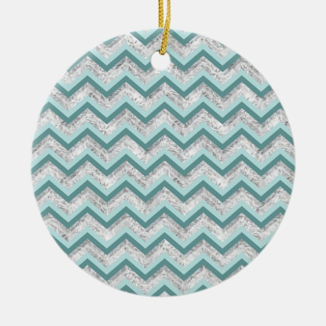 Teal and Crystal Zigzag Pattern Ceramic Tree Decoration (Front)