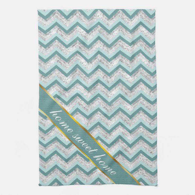 Teal and Crystal Zigzag Pattern Tea Towel (Vertical)