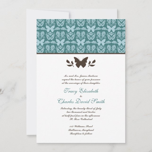 Teal and Dark Brown Butterfly Wedding Invitations (Front)