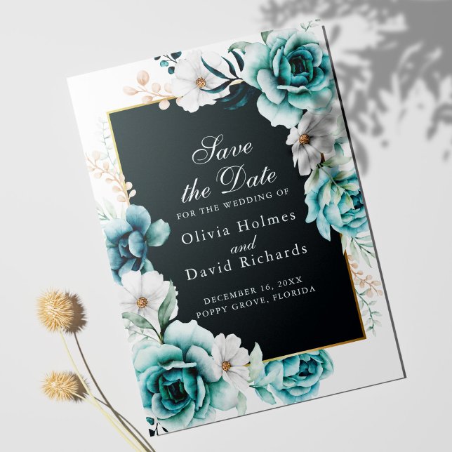 Teal and Dusty Blue Wildflowers Save the Date Card (Teal and white floral Save the Date Card template on white background)