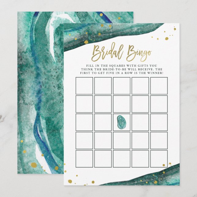 Teal and Faux Gold Geode Bridal Shower Bingo Game Invitation (Front/Back)
