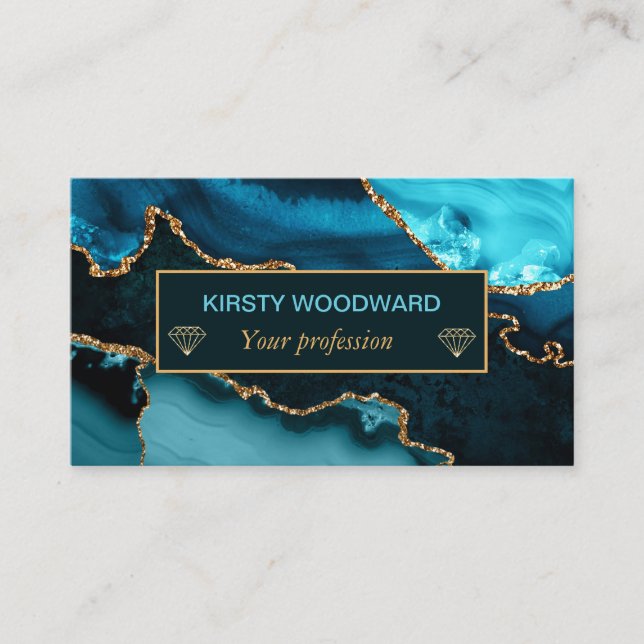 Teal and Faux Gold Glitter Marble Agate Business Card (Front)