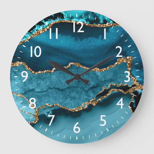 Teal and Faux Gold Glitter Marble Agate Large Clock (Front)