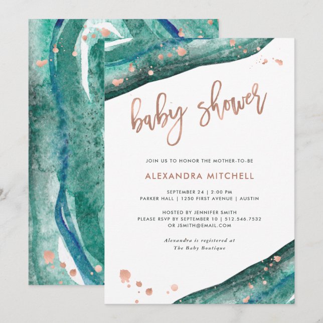 Teal and Faux Rose Gold Geode Baby Shower Invitation (Front/Back)
