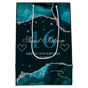Teal and Faux Silver Glitter Agate Sweet 16 Medium Gift Bag