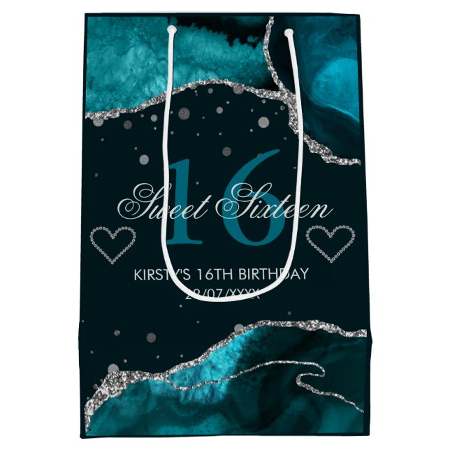 Teal and Faux Silver Glitter Agate Sweet 16 Medium Gift Bag (Back)