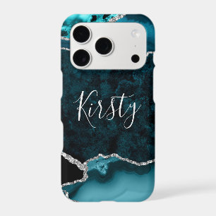 Teal and Faux Silver Glitter Marble Agate