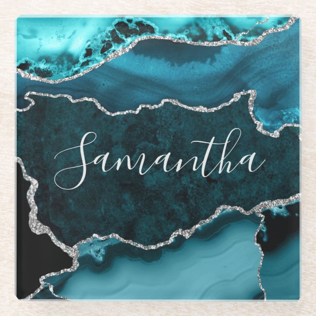 Teal and Faux Silver Glitter Marble Agate Glass Coaster (Front)