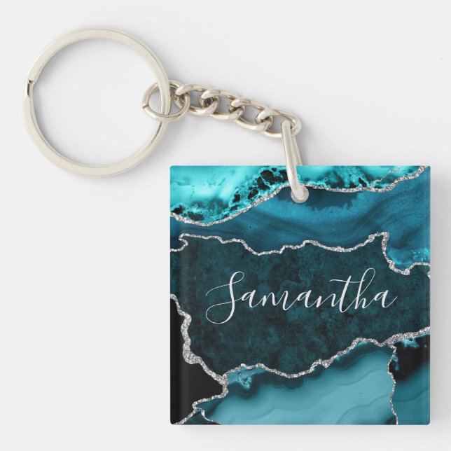 Teal and Faux Silver Glitter Marble Agate Key Ring (Front)