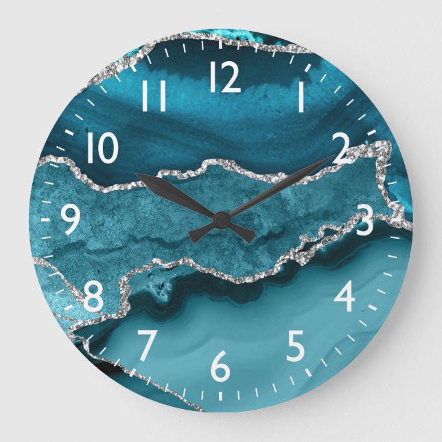 Teal and Faux Silver Glitter Marble Agate Large Clock (Front)