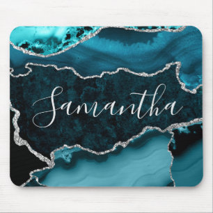 Teal and Faux Silver Glitter Marble Agate Mouse Mat
