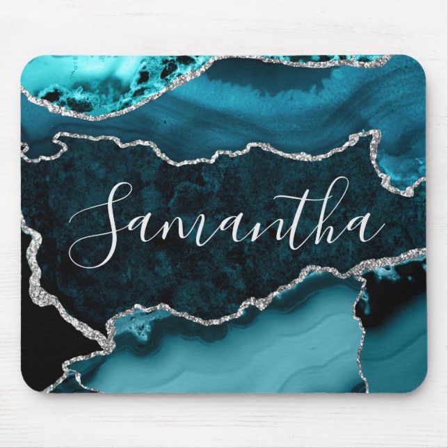 Teal and Faux Silver Glitter Marble Agate Mouse Mat (Front)