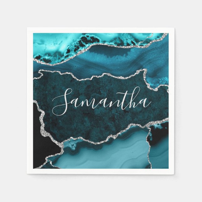 Teal and Faux Silver Glitter Marble Agate Napkin (Front)
