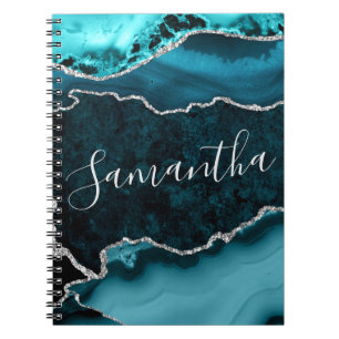Teal and Faux Silver Glitter Marble Agate Notebook
