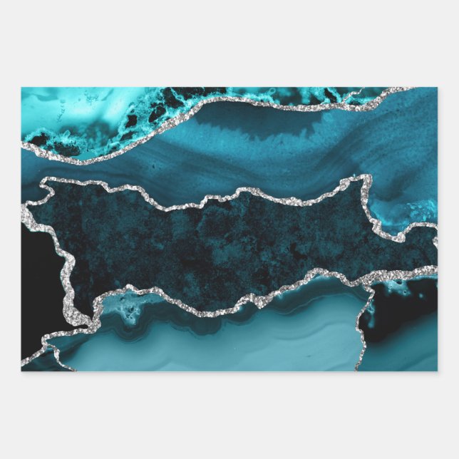Teal and Faux Silver Glitter Marble Agate Wrapping Paper Sheet (Front)