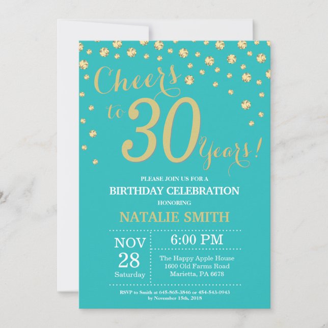 Teal and Gold 30th Birthday Diamond Invitation (Front)