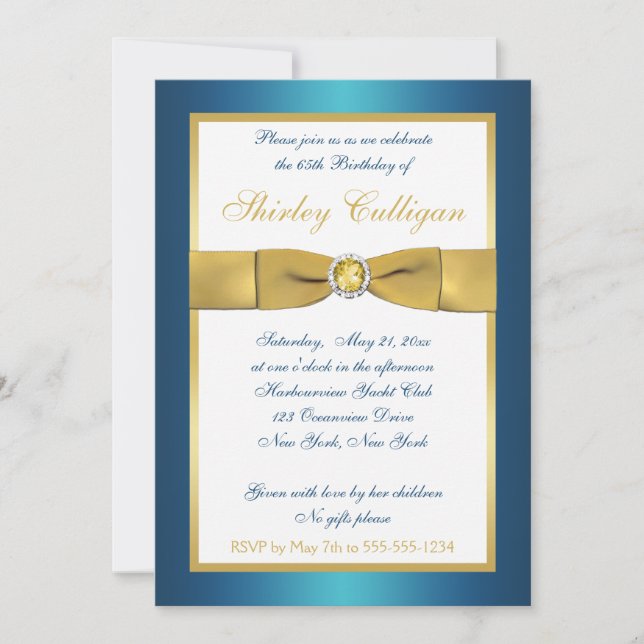 Teal and Gold 65th Birthday Invitation (Front)