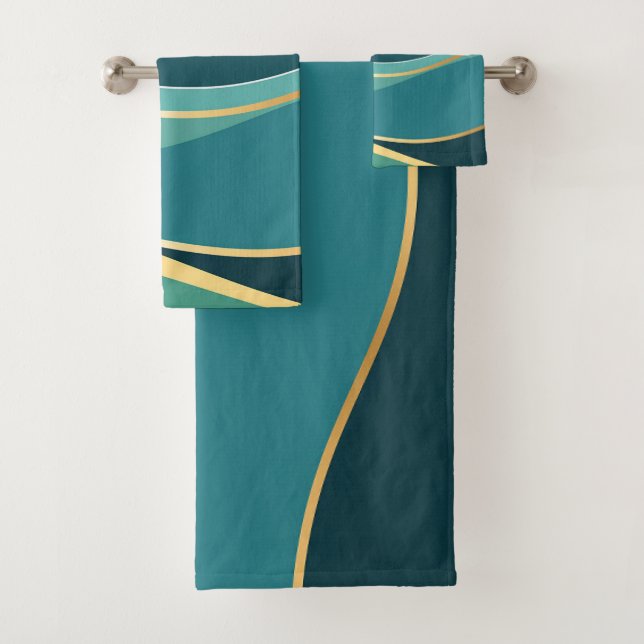 Teal and Gold Abstract Towel Set (Insitu)