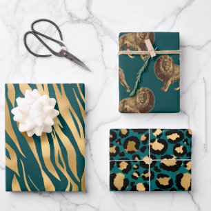Teal and Gold African Animal Print Wrapping Paper Sheet