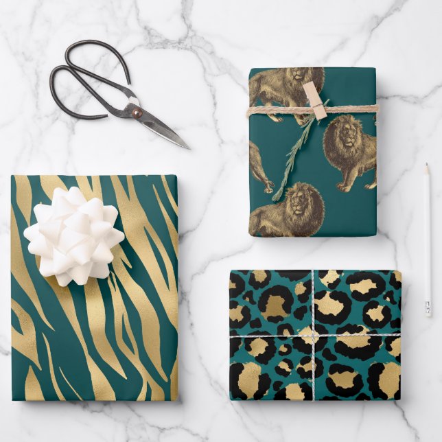 Teal and Gold African Animal Print Wrapping Paper Sheet (Front)