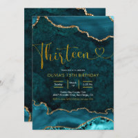 Teal and gold Agate 13th Birthday Invitation