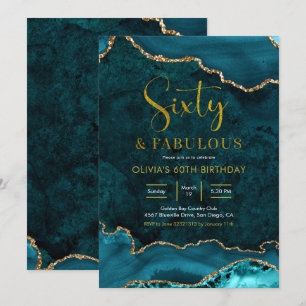 Teal and gold Agate 60th and Fabulous Invitation