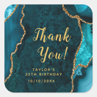 Teal and Gold Agate Birthday Thank You Square Sticker
