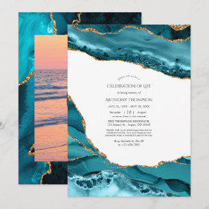 Teal and Gold Agate Celebration of Life Photo Invitation