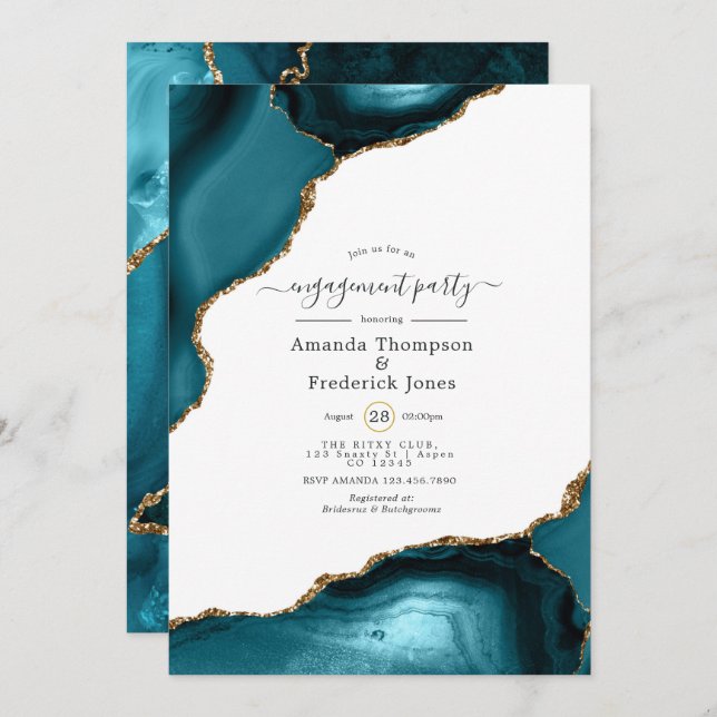 Teal and Gold Agate Engagement Party Invitation (Front/Back)