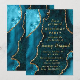 Teal and Gold Agate Marble 21st Birthday Party Invitation