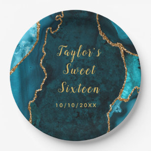Teal and Gold Agate Marble Sweet Sixteen Paper Plate