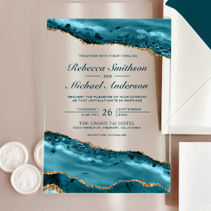 Teal and Gold Agate Marble Wedding Acrylic Invitations