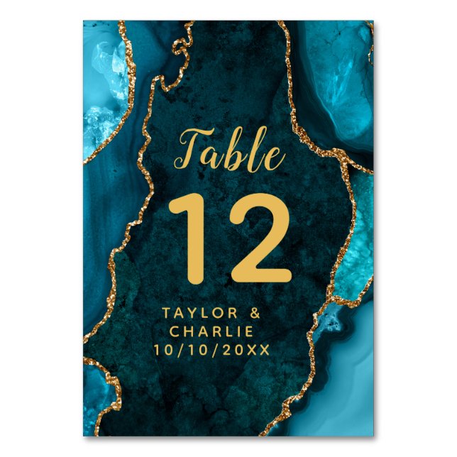 Teal and Gold Agate Marble Wedding Table Number (Front)