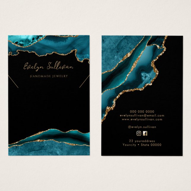 Teal and gold agate necklace display card (Front & Back)