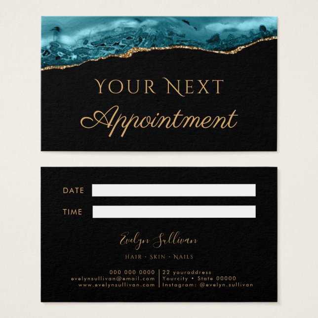 Teal and gold Agate on Black Appointment Card (Front & Back)